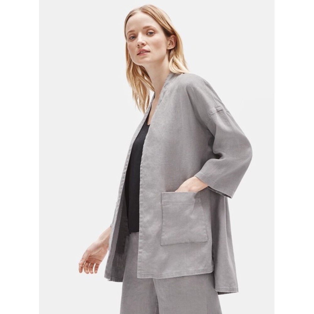 Eileen Fisher Slate Gray 100% Organic Linen Open Front Cardigan Jacket Pockets S